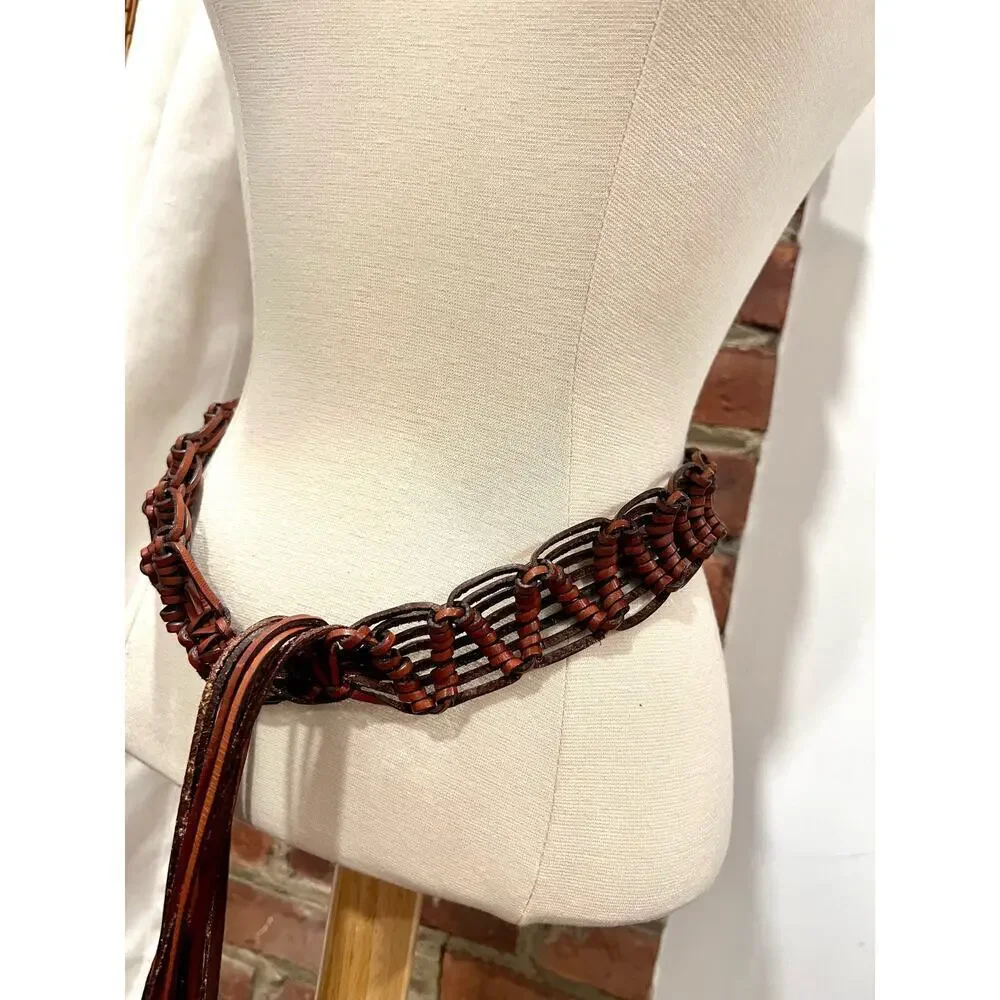 Womens Vintage Boho Western Fringe Brown Leather Belt Small Medium